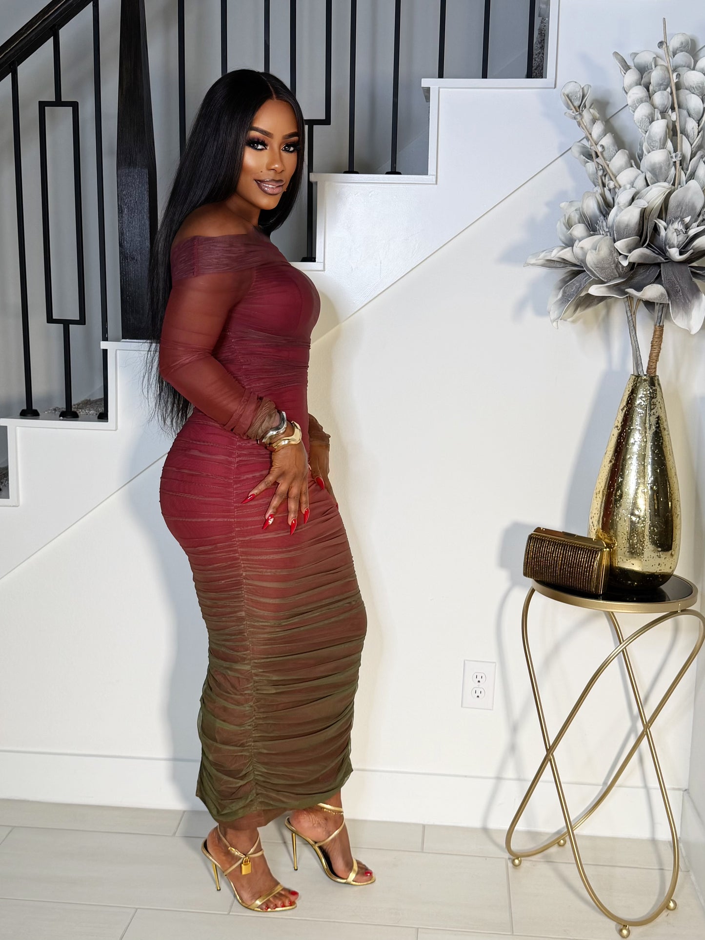 KEEP THEM FALLING OFF MESH LONG SLEEVE DRESS