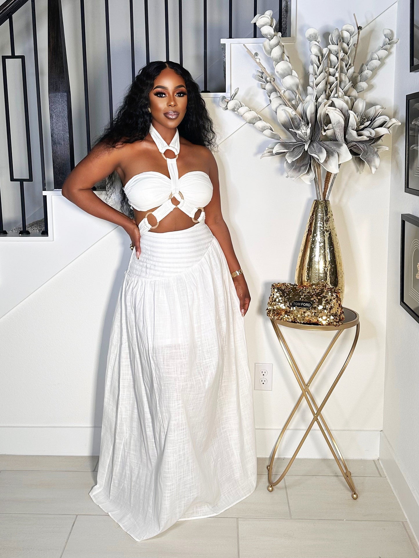 MAJOR ATTRACTION LINEN 2 PIECE MAXI DRESS (WHITE) Small