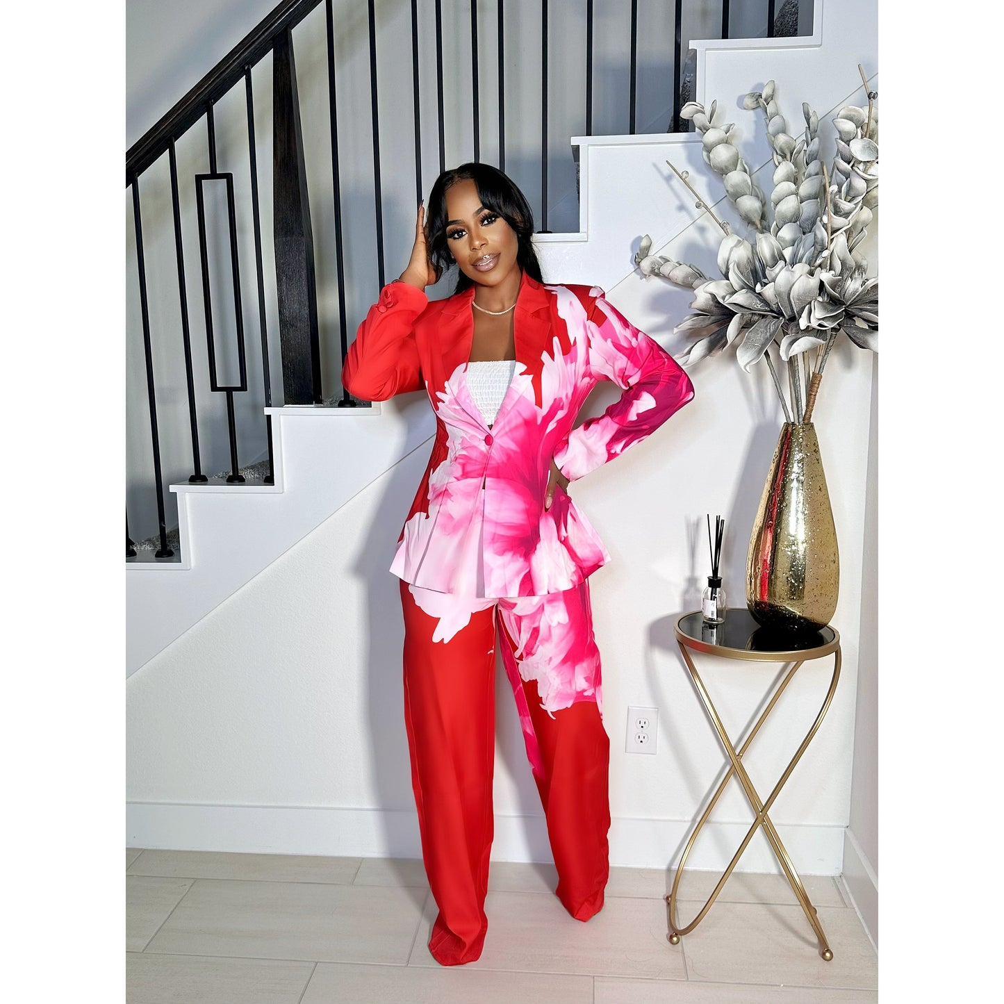 ALL THINGS FLORAL BLAZER PANTS SET (PINK/RED)