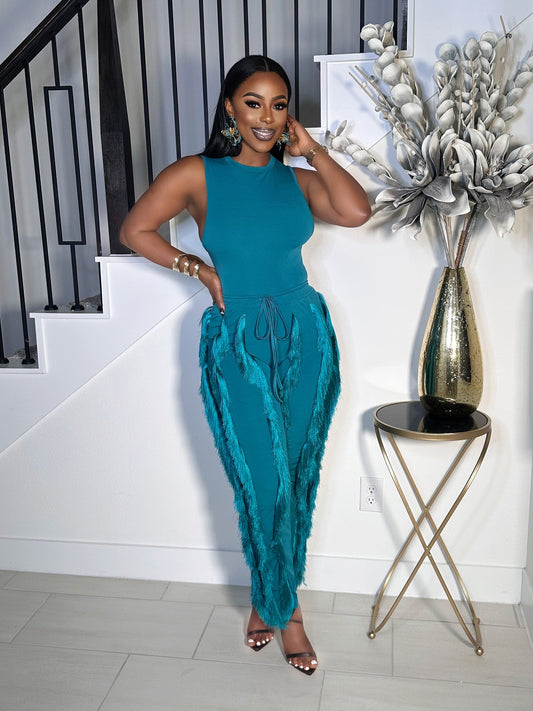 PARTY NEXT DOOR FRINGE PANTS SET (TEAL)