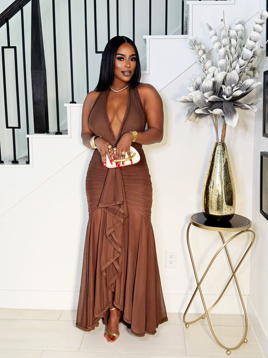 STELLA MAXI HALTER NECK DRESS (CHOCOLATE)