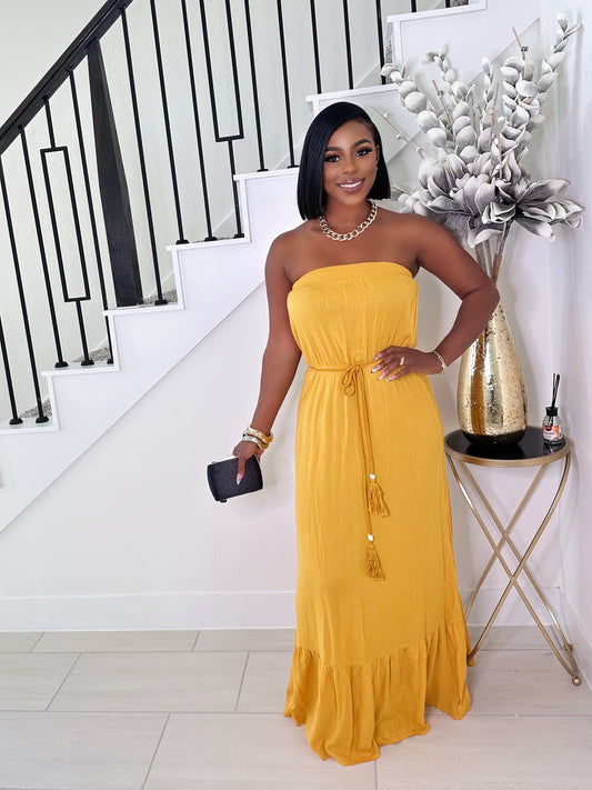 STAY WITH ME STRAPLESS MAXI DRESS (MUSTARD)