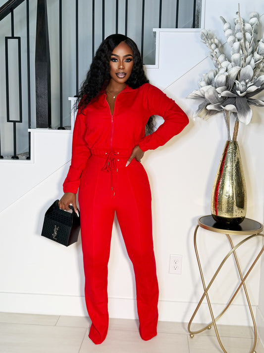 MISS LISA FLARE TACK PANTS SET (RED)