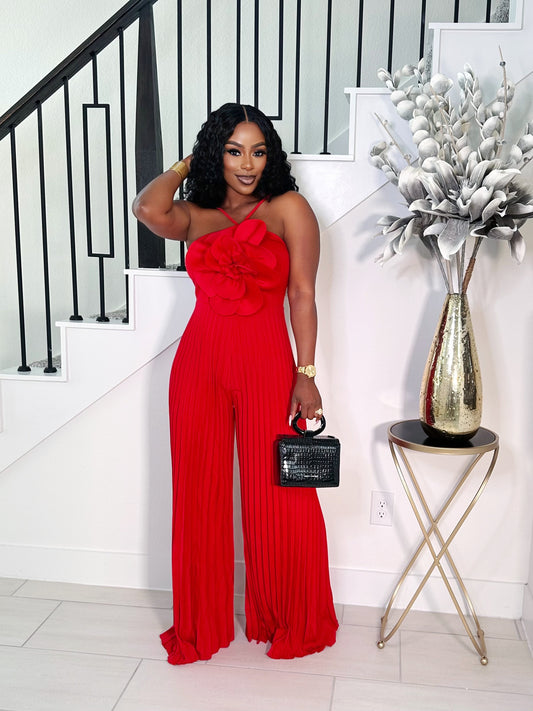 FEELS GOOD 3D FLOWER PLEATED JUMPSUIT (RED)