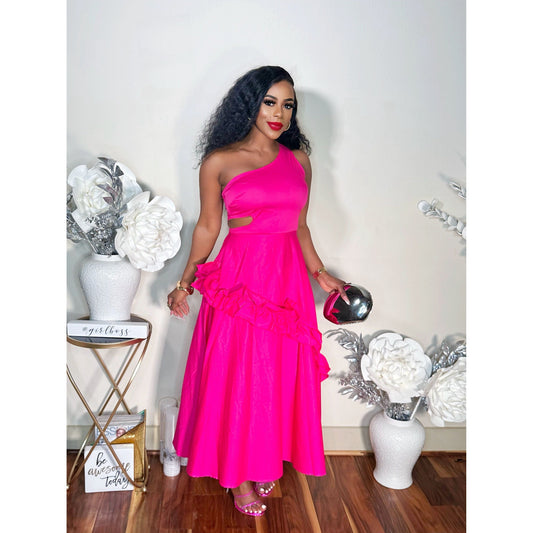 BABE IN PINK ONE SHOULDER CUTOUT DRESS