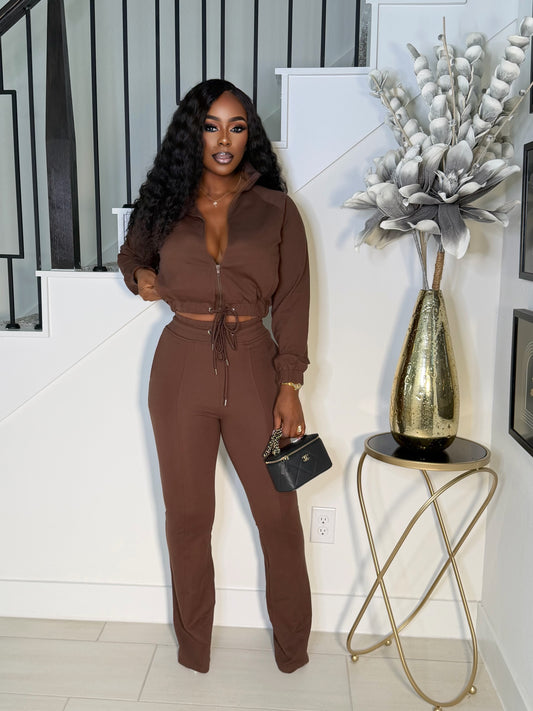 MISS LISA FLARE TACK PANTS SET (BROWN)