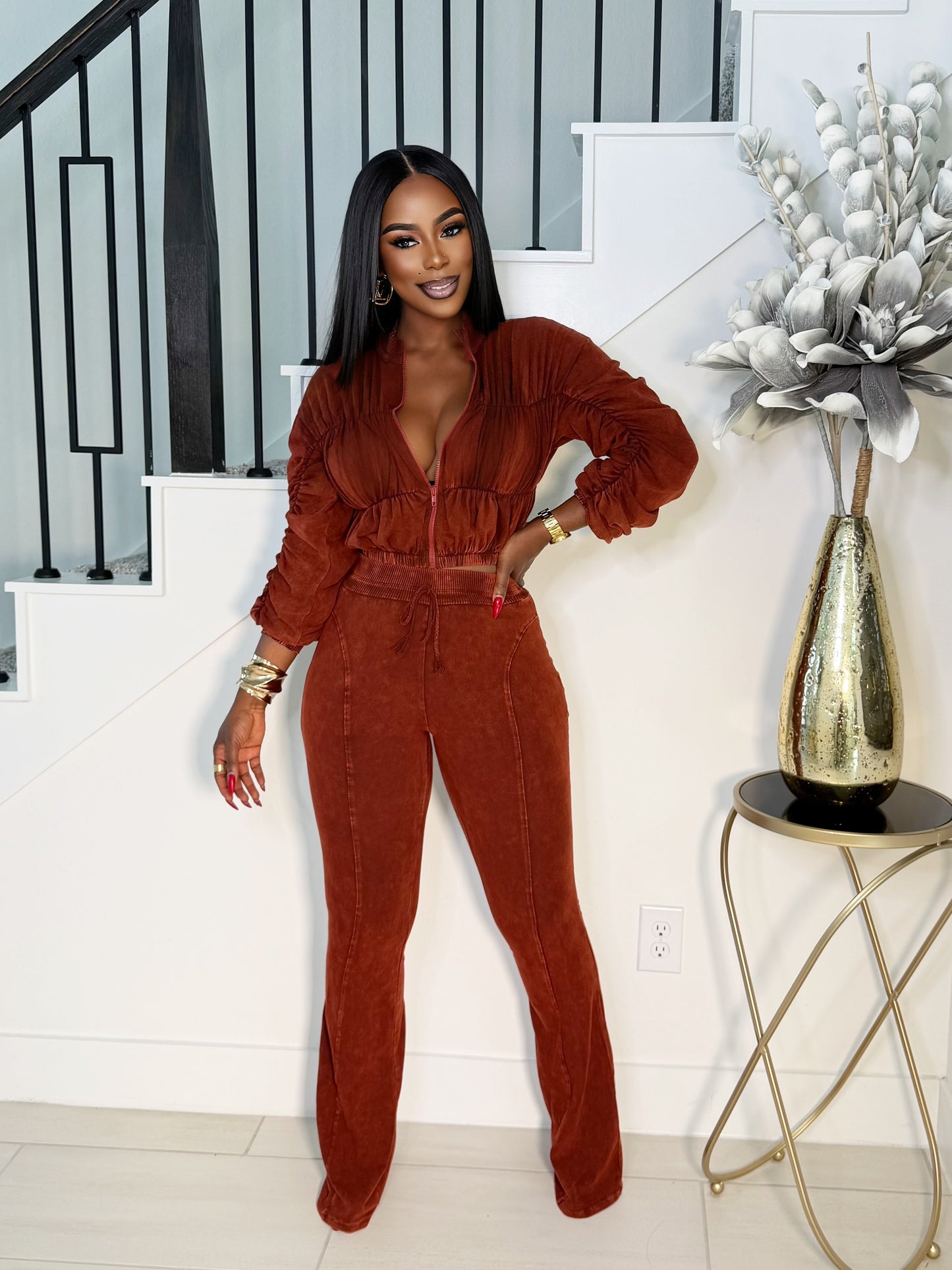 KEISHA 2 PIECE WASH PANTS SET (BRICK)