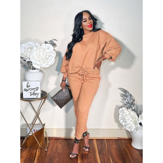 BUBBLE SLEEVE COZY SWEATPANTS SET (DEEP CAMEL)