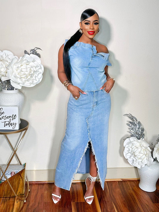 TAKE HER OUT MAXI DENIM SKIRT SET
