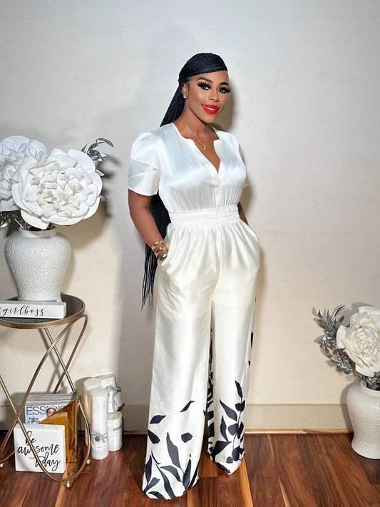 CELINE V-NECK LEAF PRINTED JUMPSUIT