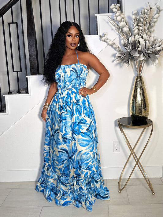 FLY ME OUT VACATION MAXI FLARE DRESS (BLUE)