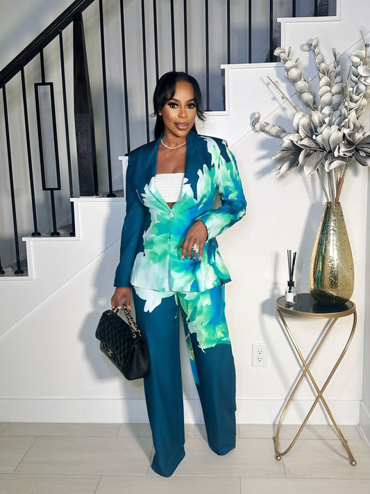 ALL THINGS FLORAL BLAZER PANTS SET (TEAL/GREEN)