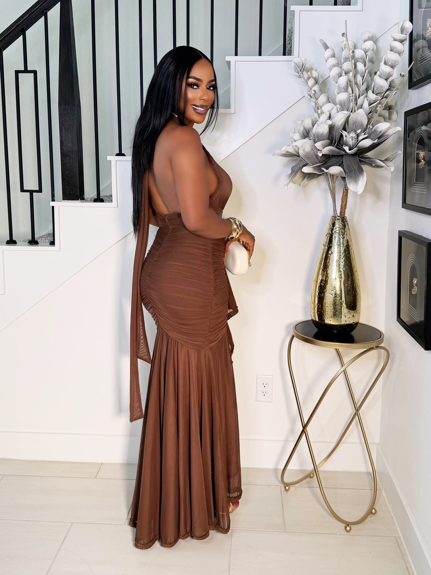 STELLA MAXI HALTER NECK DRESS (CHOCOLATE)