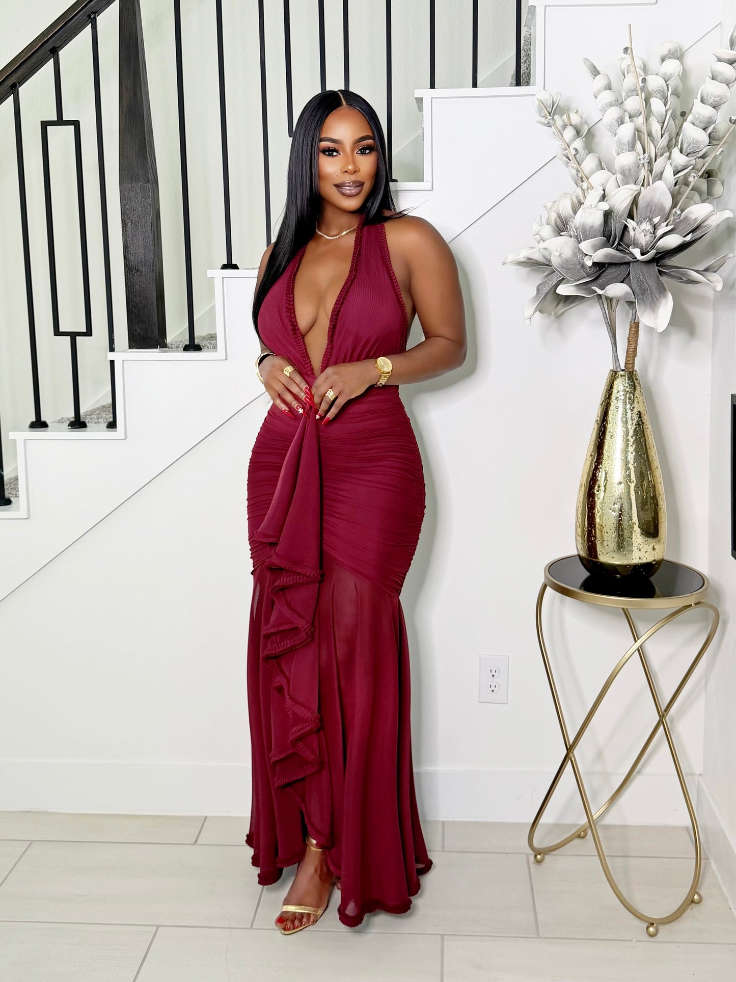 STELLA MAXI HALTER NECK DRESS (CHERRY)