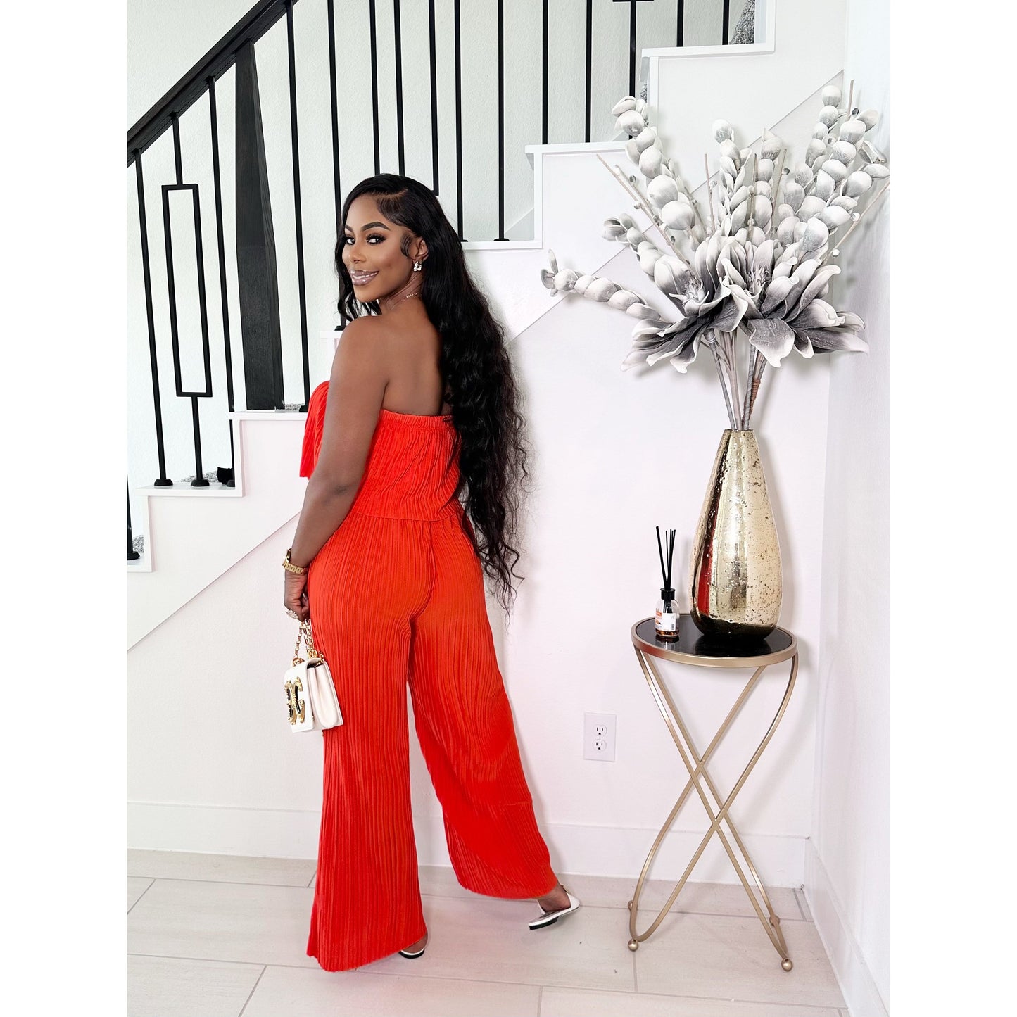 GET IT OFF THE SHOULDER JUMPSUIT (ORANGE RED)