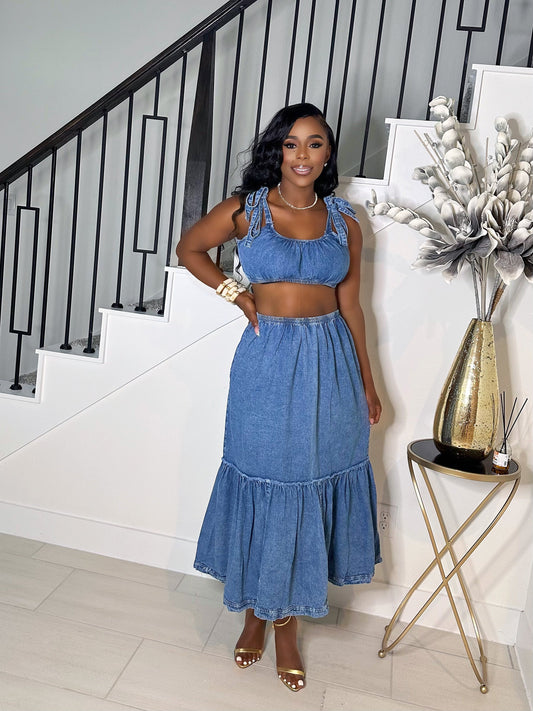 FLIRT IN DENIM SELF TIE SKIRT SET