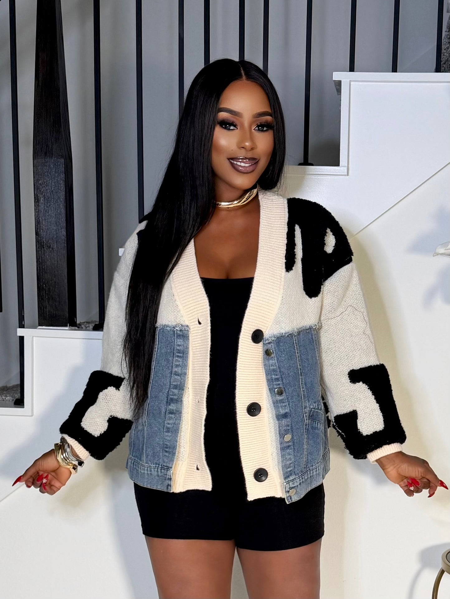 OVERSIZED FASHION KNIT AND DENIM JACKET (BEIGE)