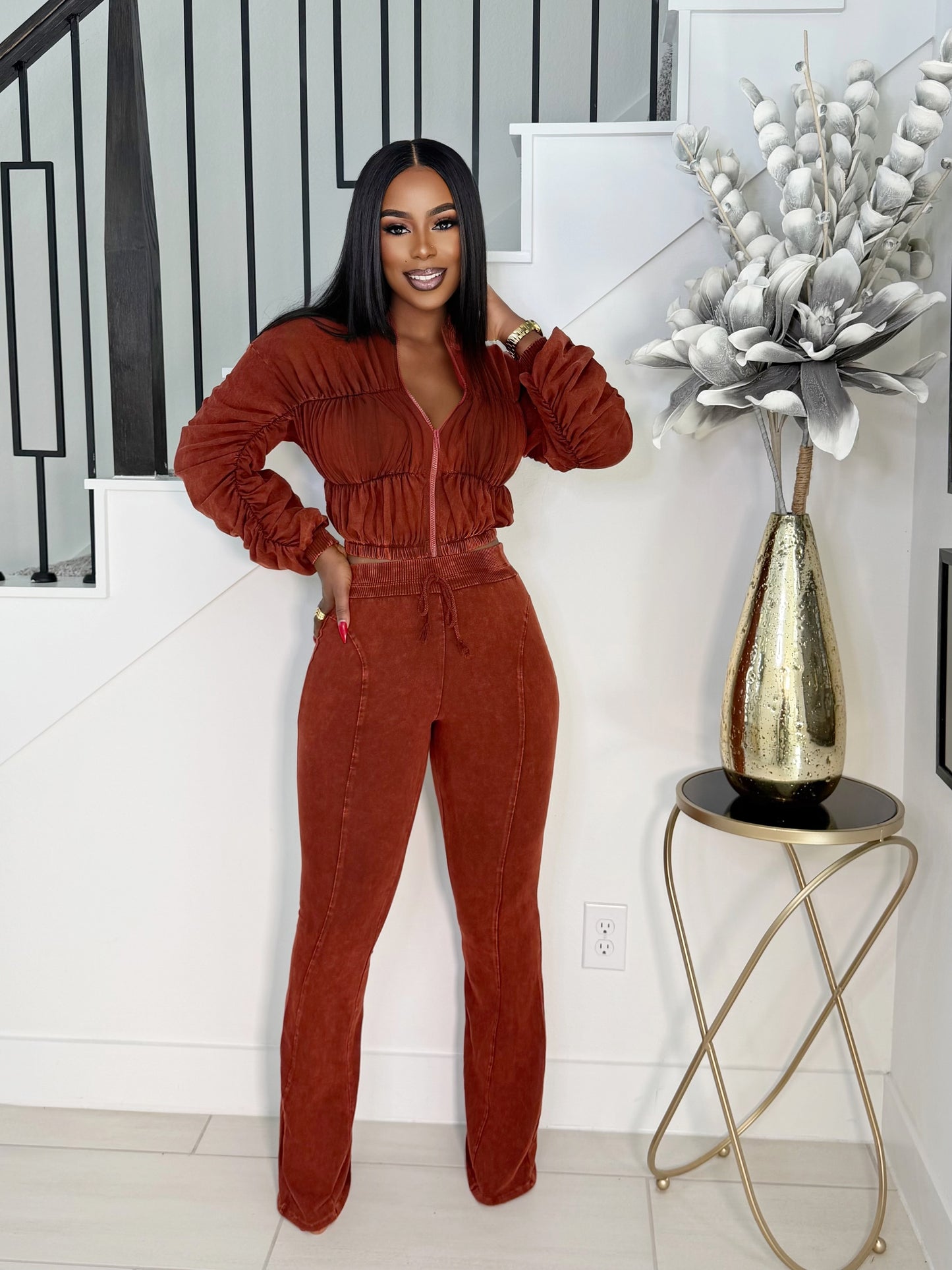 KEISHA 2 PIECE WASH PANTS SET (BRICK)