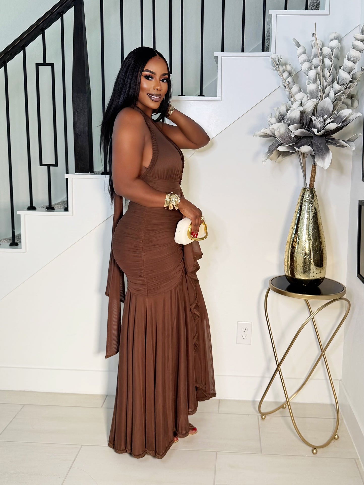 STELLA MAXI HALTER NECK DRESS (CHOCOLATE)