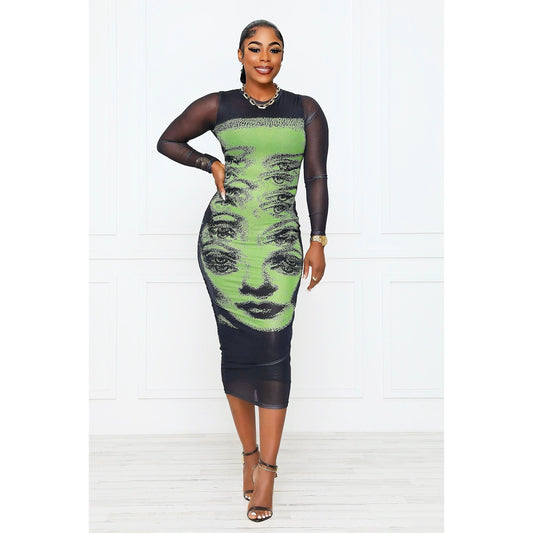 FACE THE GLOW LONG SLEEVES MESH DRESS