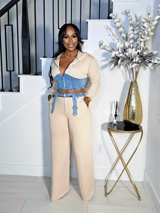 KEEP IT SEXY BEIGE DENIM HOODED SWEATPANTS SET