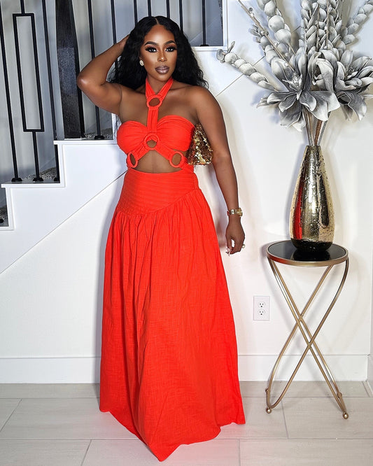 MAJOR ATTRACTION LINEN 2 PIECE MAXI DRESS (CORAL)