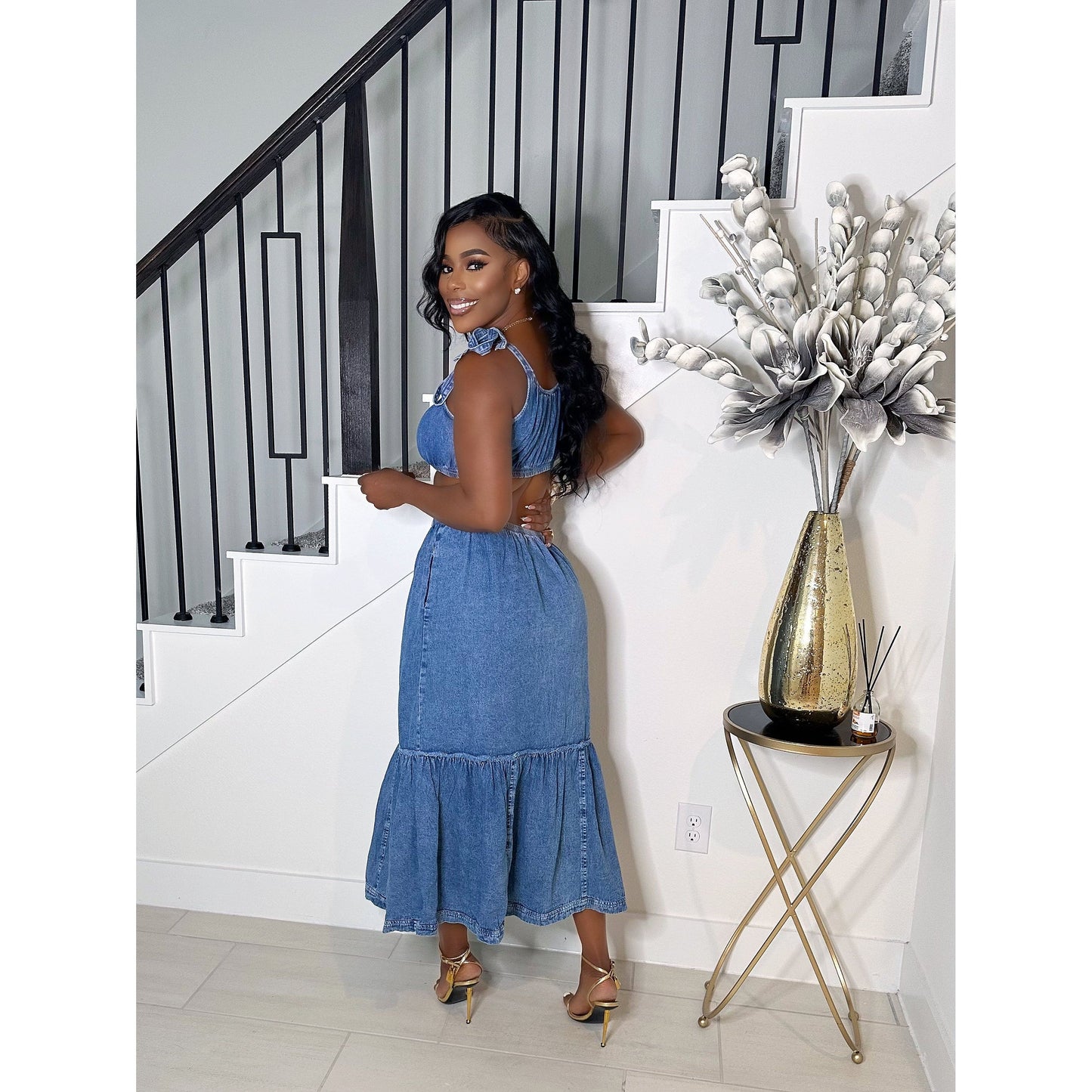 FLIRT IN DENIM SELF TIE SKIRT SET