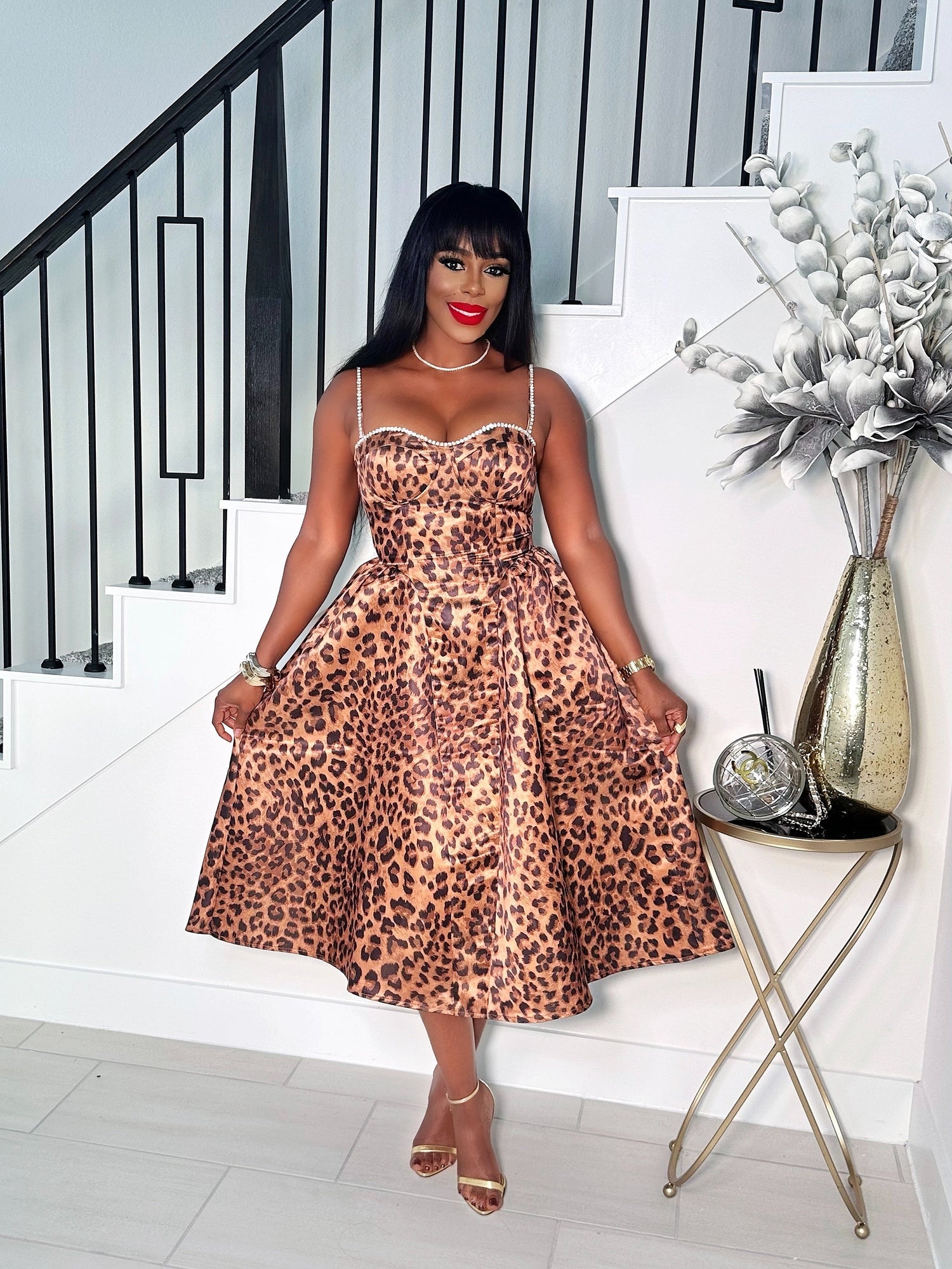 knee length leopard print dress Kailani Leopard Bodycon Dress / L