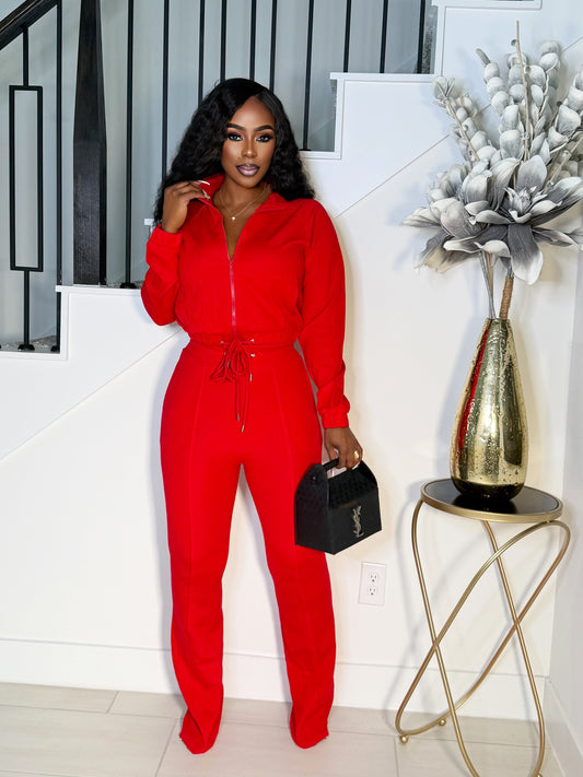 MISS LISA FLARE TACK PANTS SET (RED)