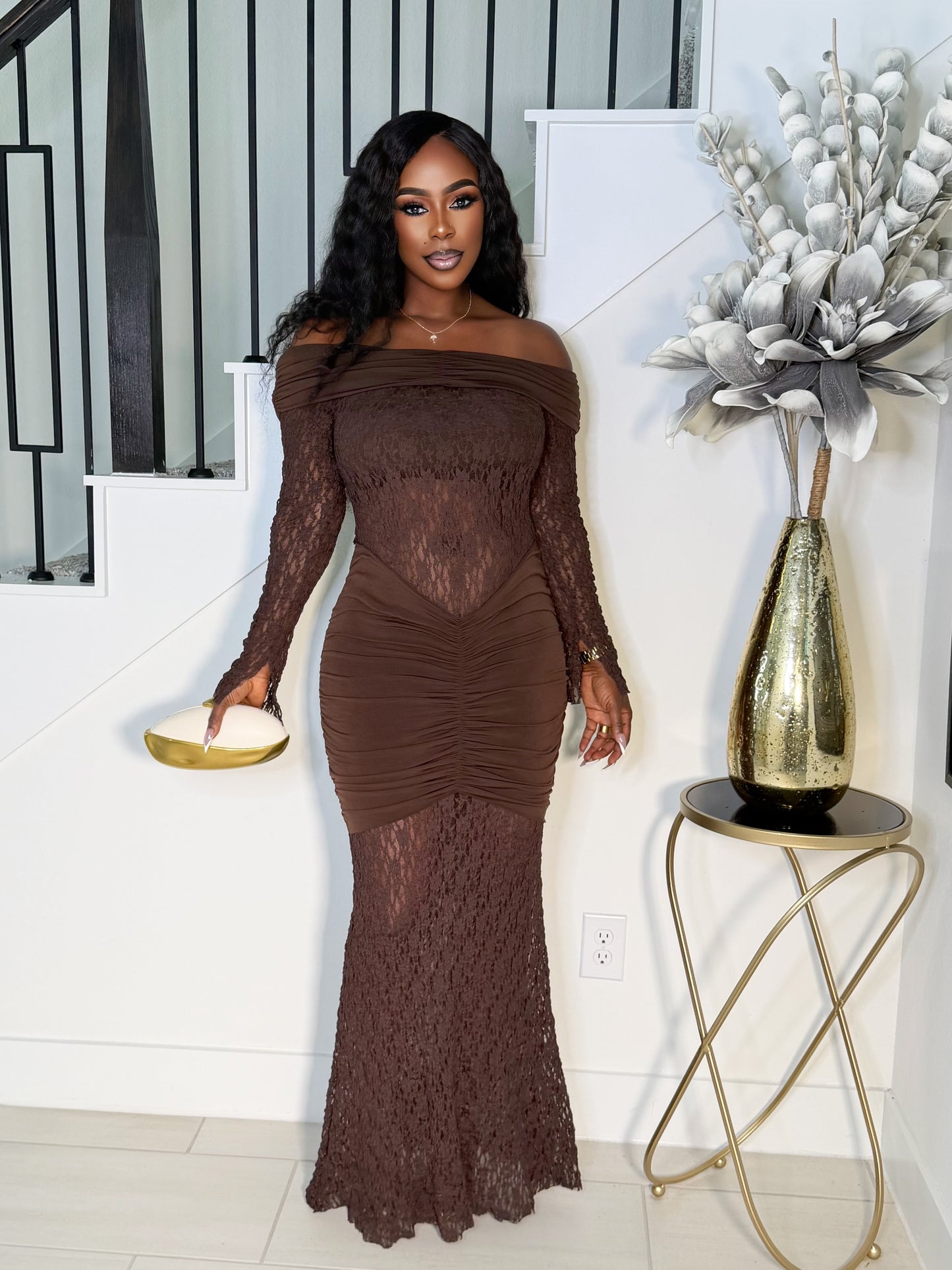 MALINA LACE SCULPT MAXI DRESS (BROWN)