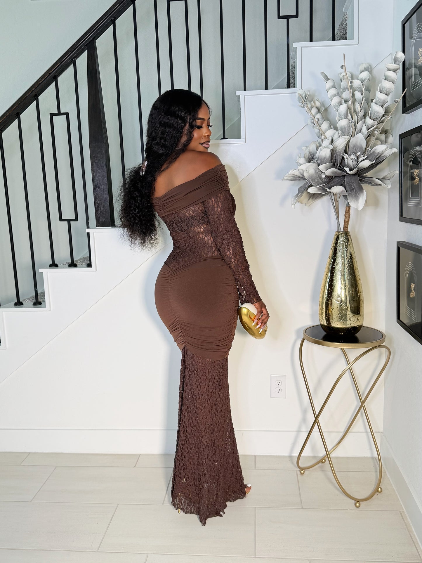 MALINA LACE SCULPT MAXI DRESS (BROWN)