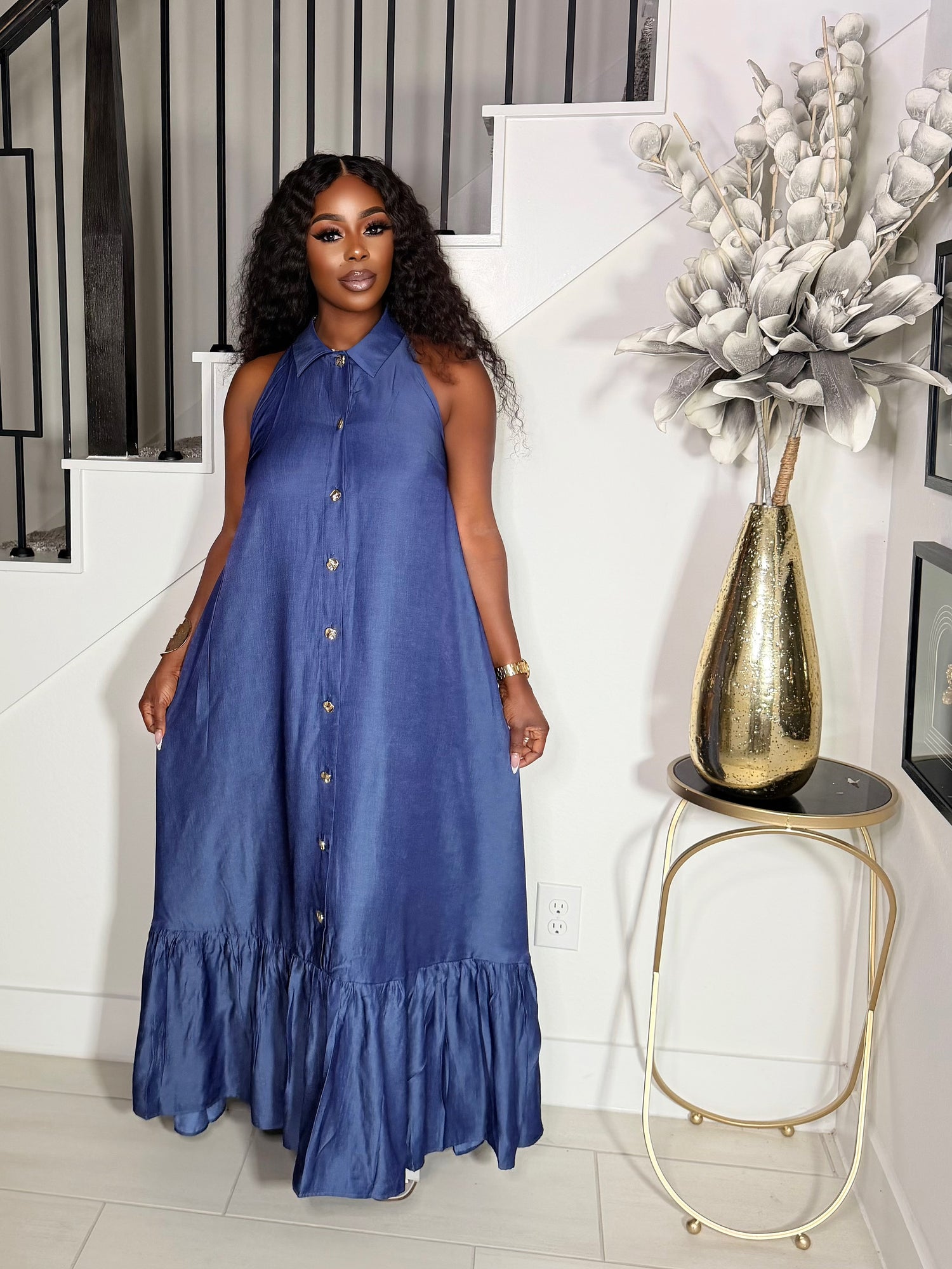 blue summer maxi dress Womens Strappy Long Flowy Beach Dress S/M Produck Information Olivia Open Back Maxi Dress