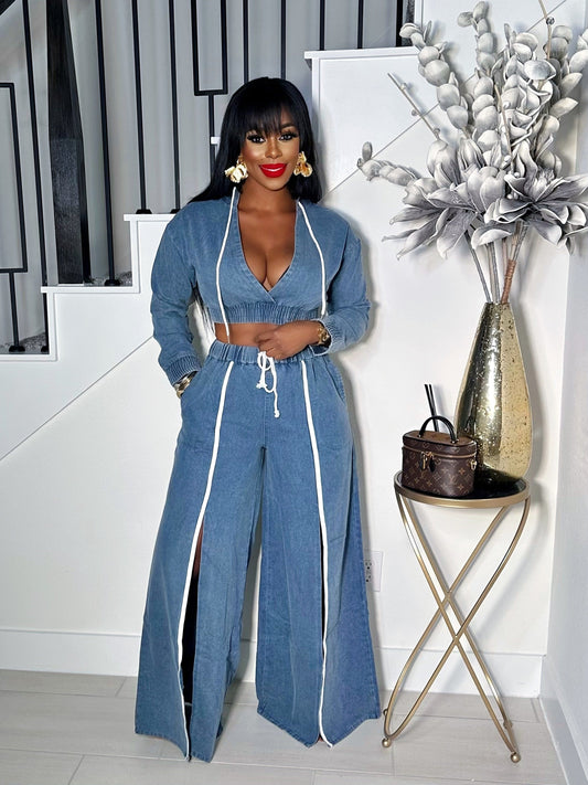 WIDELEGS SLIT DENIM 2 PIECE HOODED PANTS SET