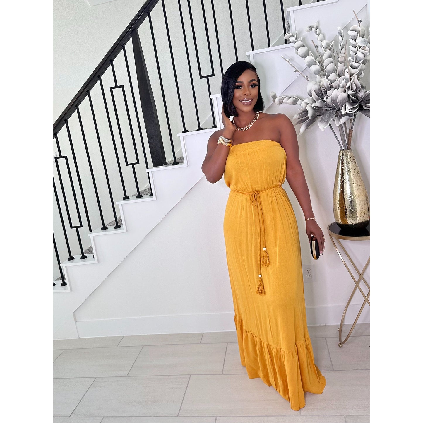 STAY WITH ME STRAPLESS MAXI DRESS (MUSTARD)