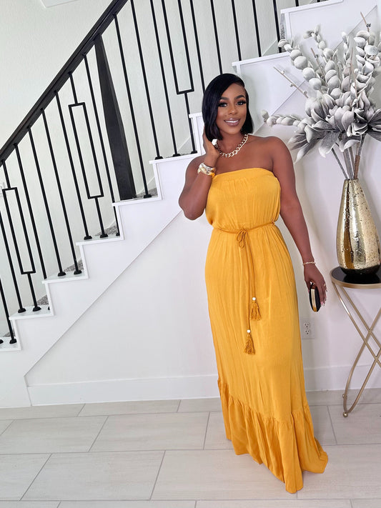 STAY WITH ME STRAPLESS MAXI DRESS (MUSTARD)
