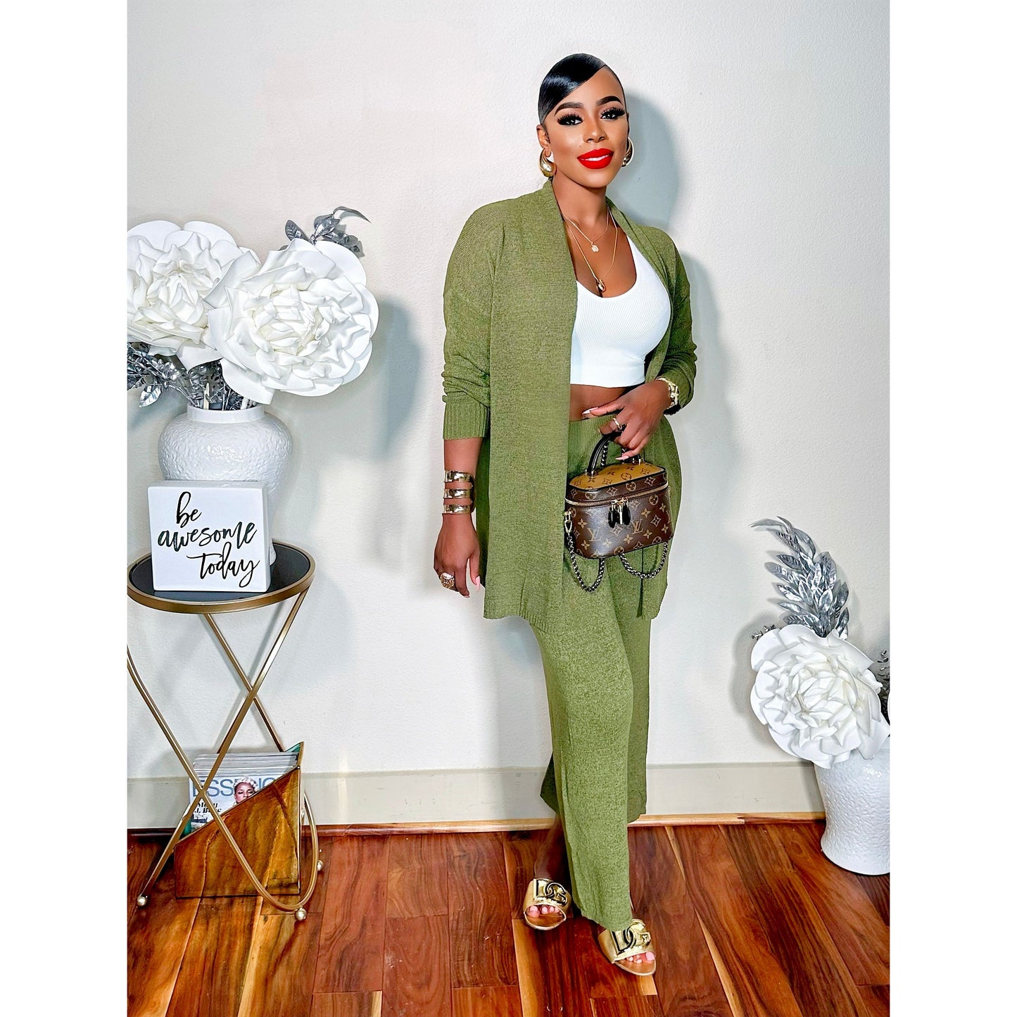 EASY CAPRI 2 PIECE CARDIGAN PANTS SET (ARMY GREEN)