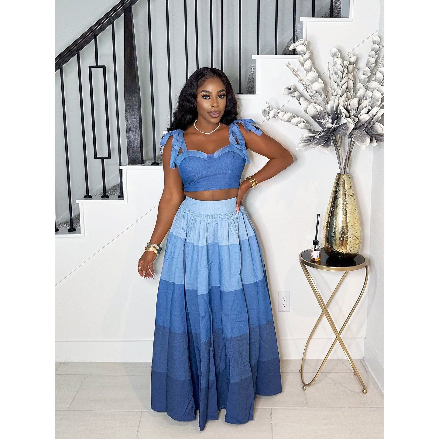 TIE ME UP DENIM MAXI SKIRT SET