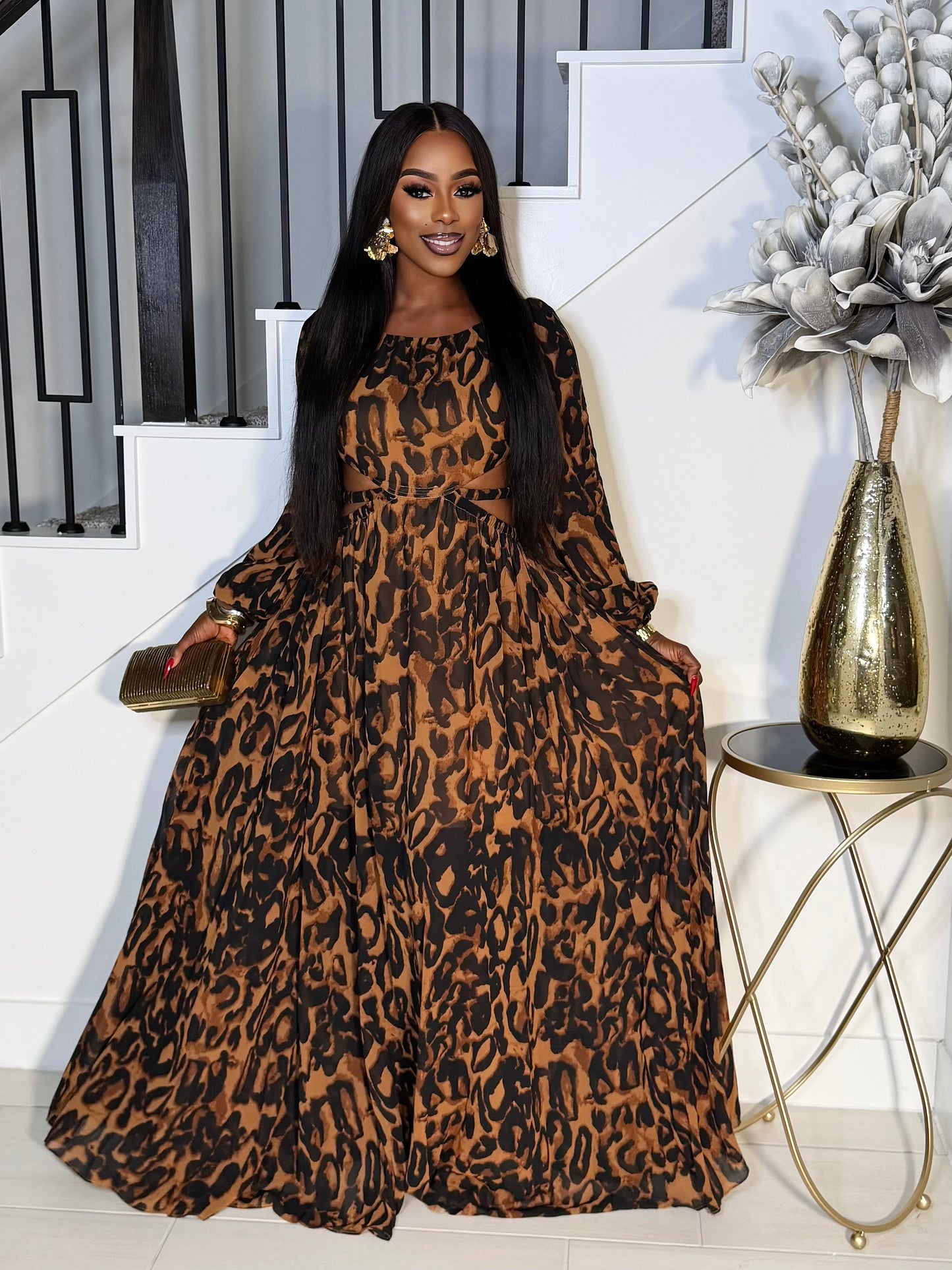 EMBER LEOPARD PRINT CUT OUT MAXI DRESS