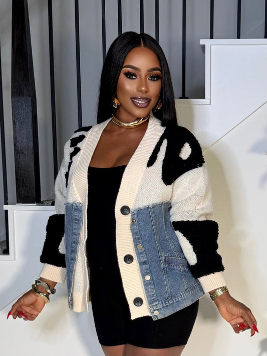 OVERSIZED FASHION KNIT AND DENIM JACKET (BEIGE)