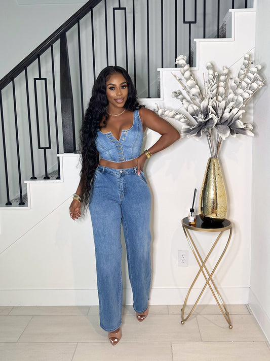 DENIM IS LIFE BUTTON DOWN MATCHING PANTS SET