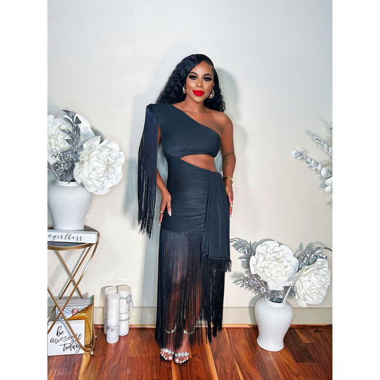 GLITTER AND FRINGES SEDUCTION MIDI DRESS