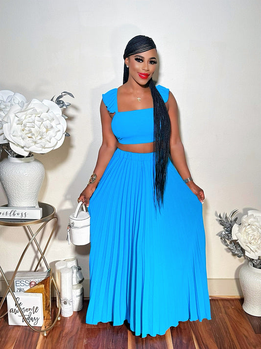 LET IT FLOW PLEATED MAXI SKIRT SET (BLUE)