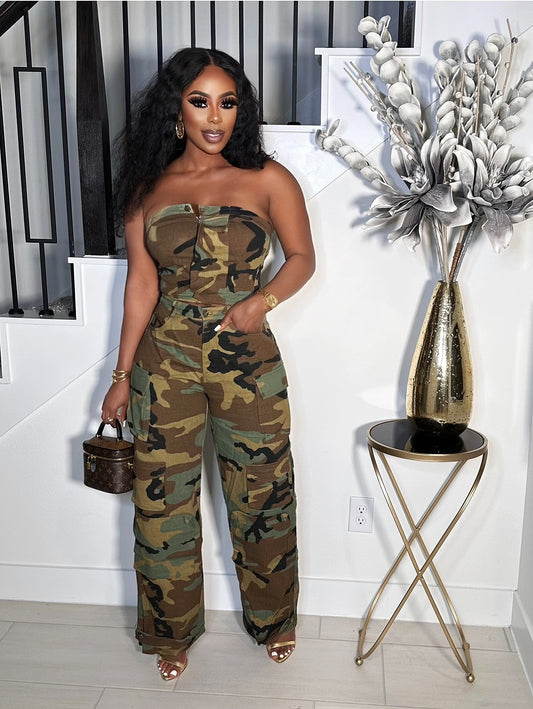 BACK AT IT CAMO CARGO JUMPSUIT