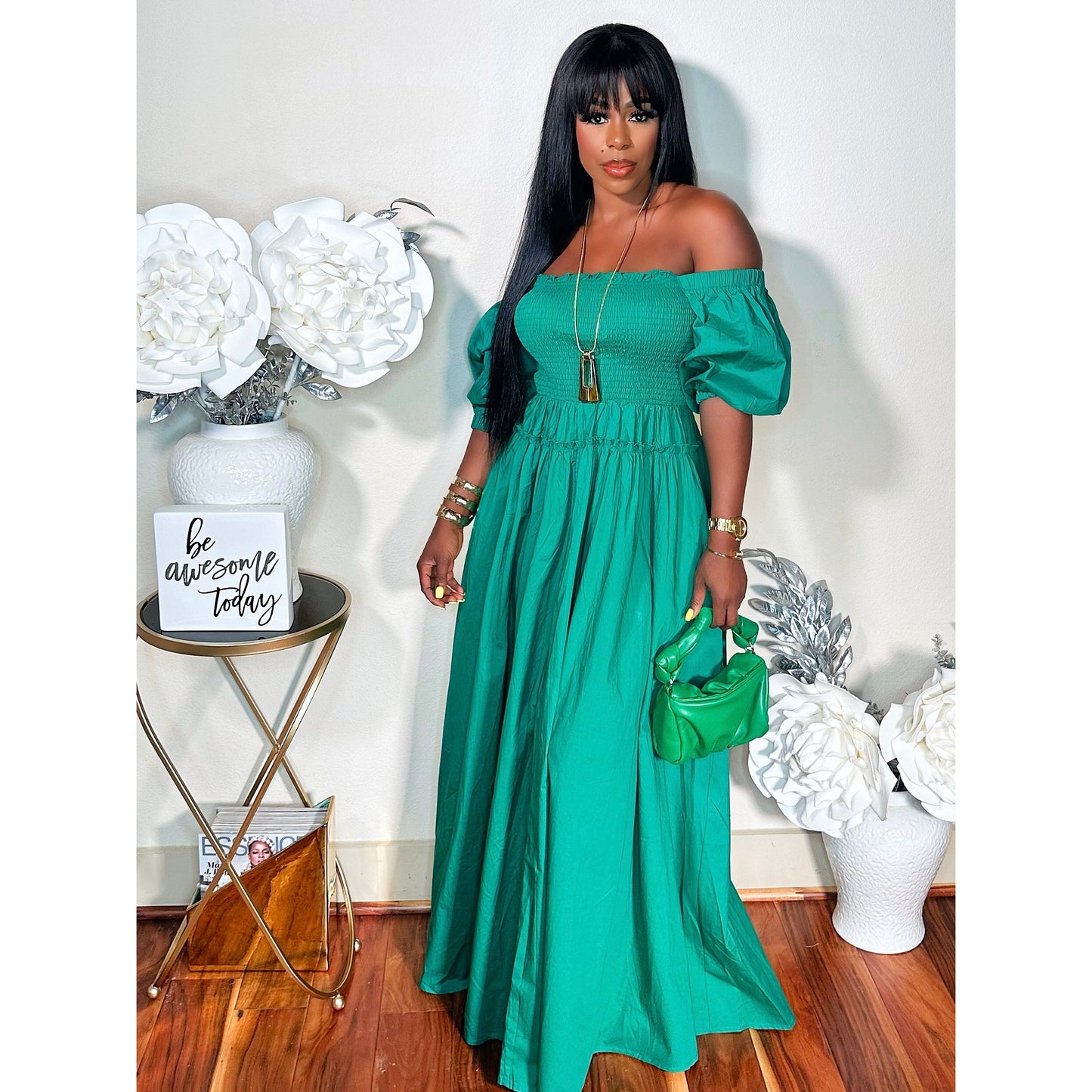 MAKE A STATEMENT BUBBLE SLEEVES MAXI DRESS  (KELLY GREEN)