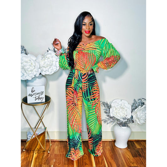 TROPICAL PRINT OFF THE SHOULDER JUMPSUIT