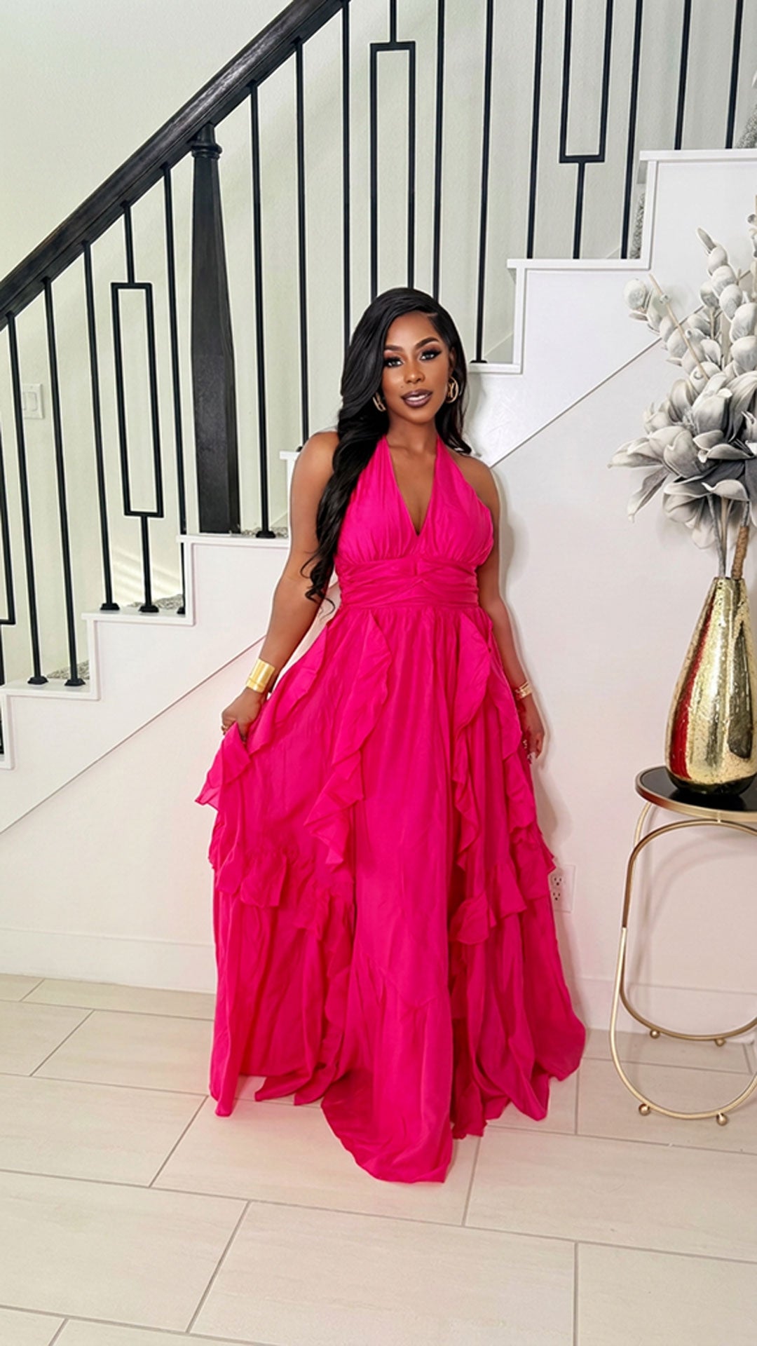 BLUSH model wearing a statement hot-pink gown