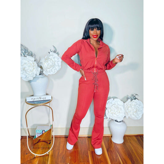 FLARED TRACK PANTS SET (COGNAC)