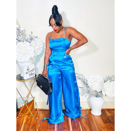 SUMMER BADDIE CARGO JUMPSUIT (TEAL BLUE)