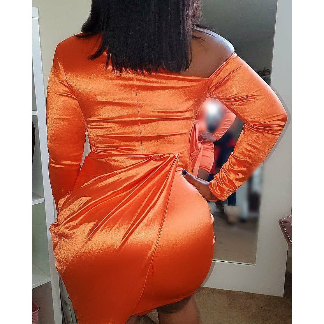 SASSY Off the Shoulder Orange Satin Drap Dress