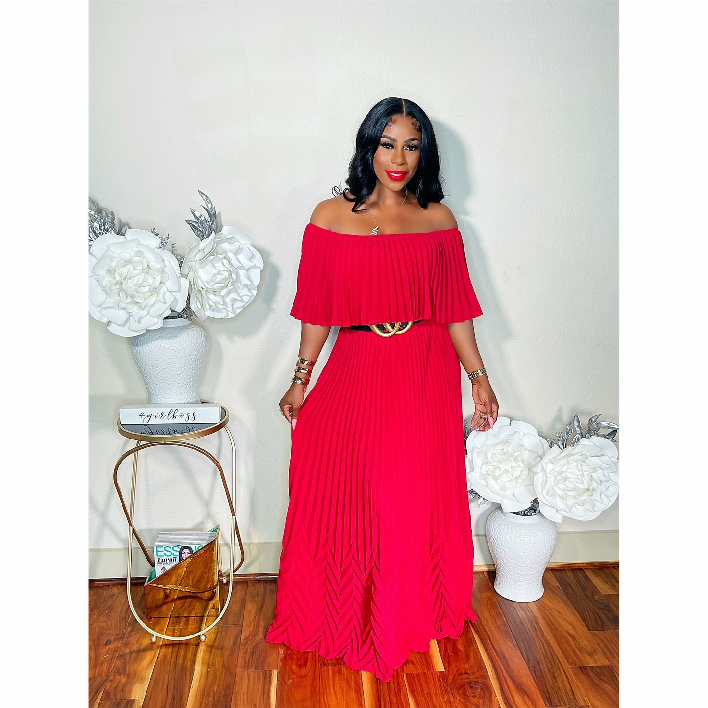 PLEAT WITH STYLE OFF THE SHOULDER MAXI DRESS (WINE)